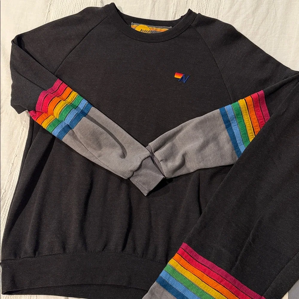 Aviator Nation Black Sweatshirt and sweatpants set with Rainbow Stripes - Picture 2 of 5